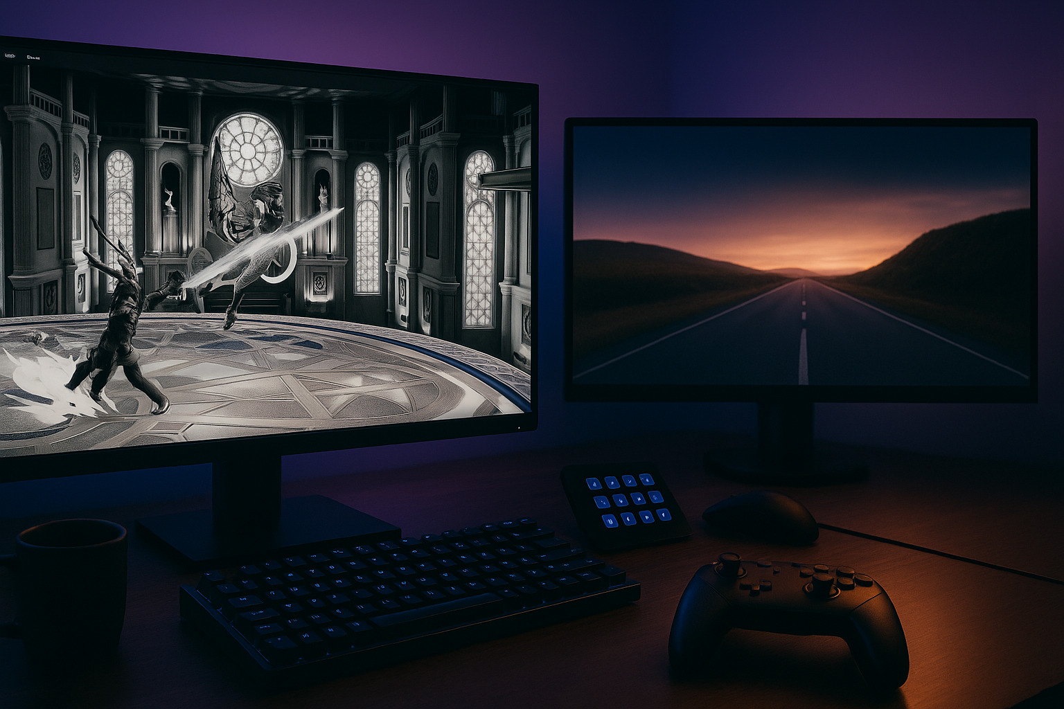 Gaming-Setup mit zwei Monitoren, Super-Smash-Bros.-Kampf auf dem linken Bildschirm.